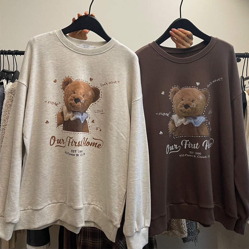 Chinese cotton composite thin 310g/plus velvet 410g autumn and winter sweatshirt for women with printed loose large size