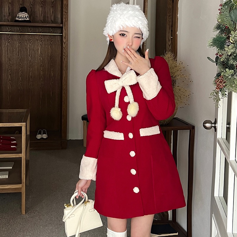 冬季女裝小香風紅色新年戰袍連衣裙過年氛圍感穿搭拜年服大人冬裙