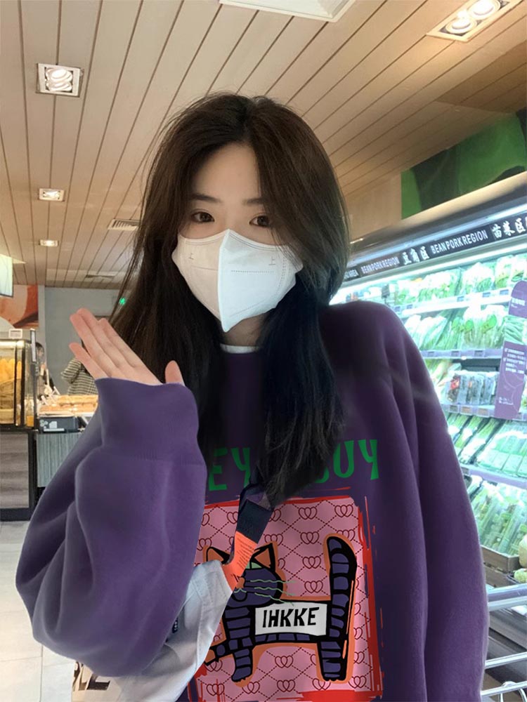 紫色山東即墨加絨加厚衛衣女秋冬2023新款多巴胺穿搭圓領上衣