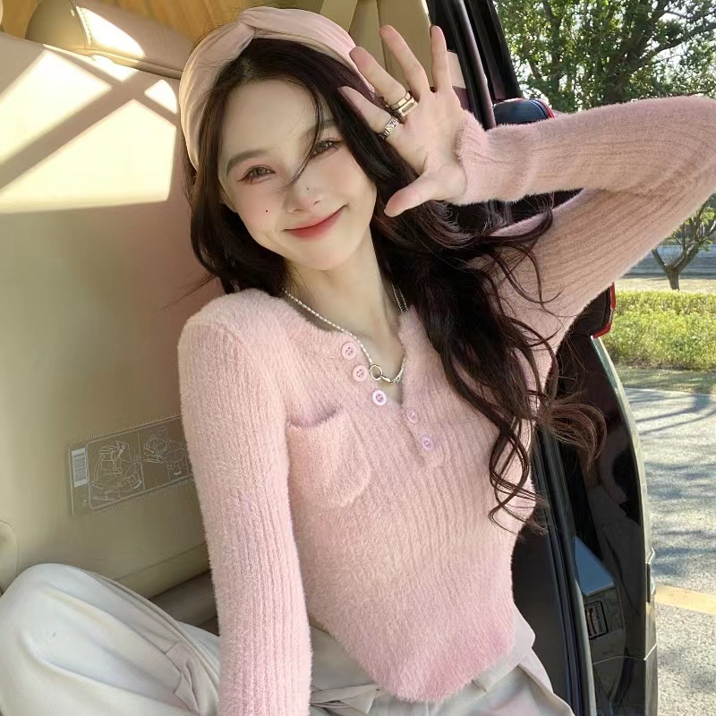 水貂絨毛衣女秋冬軟糯系外穿設計感小眾高腰短款毛茸茸低領打底衫