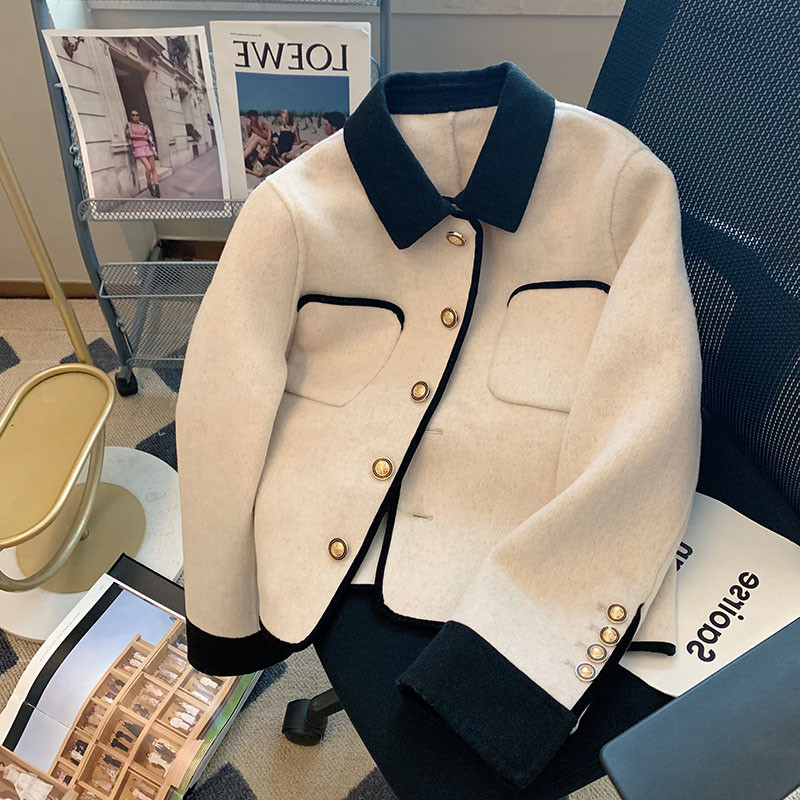 Korean style double-sided woolen short jacket for men and women in spring and autumn fashion simple contrasting color polo collar jacket trend