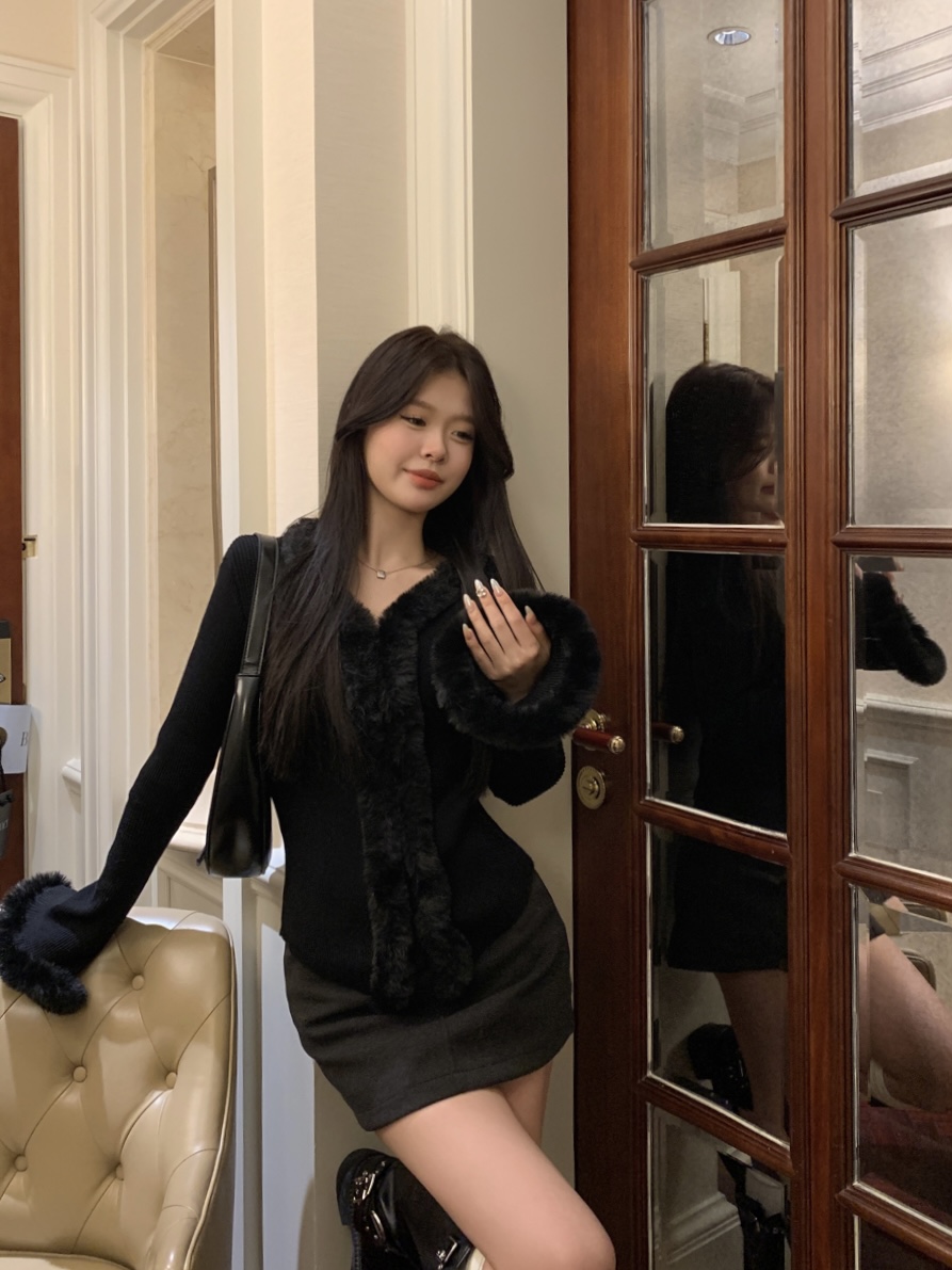 實拍 新款辣妹毛邊拼接v領加厚針織不規則修身喇叭袖開衫