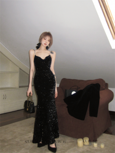 Real shot French suspender dress velvet fishtail temperament black sequin evening dress autumn and winter base