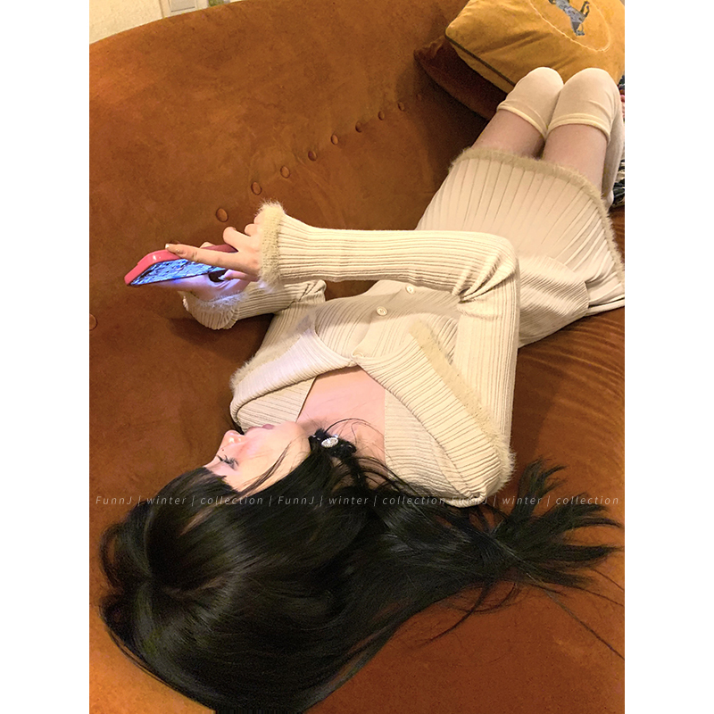 FunnJ方幾 受寵嗲嗲少女慵懶開衫毛衣套裝女高腰百褶半身裙兩件套