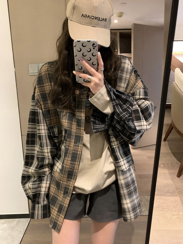 fancccy 拼接格子襯衫女2024新款春季寬鬆慵懶復古設計感小眾襯衣
