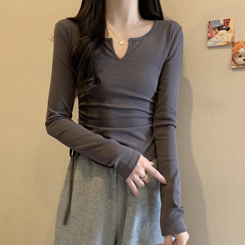 帶胸墊打底v領長袖t恤女短款韓版顯瘦設計感小眾內搭辣妹上衣