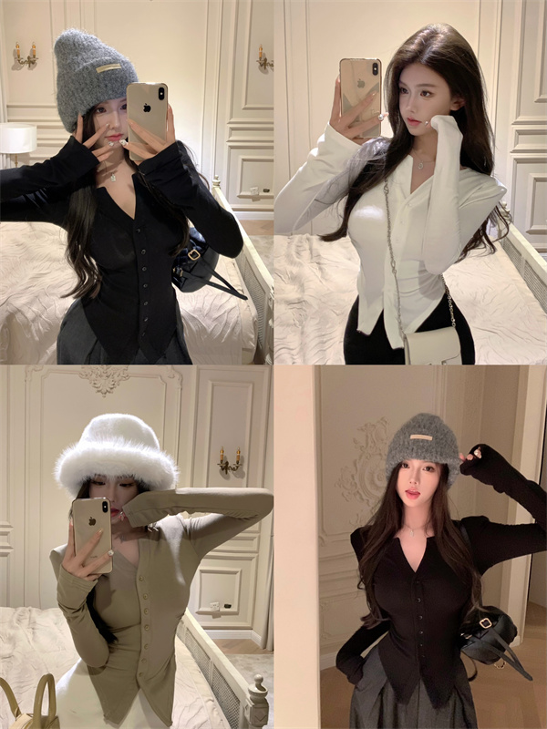 實拍～ 氣質V領薄絨紐扣不規則長袖顯瘦t恤辣妹女打底衫上衣