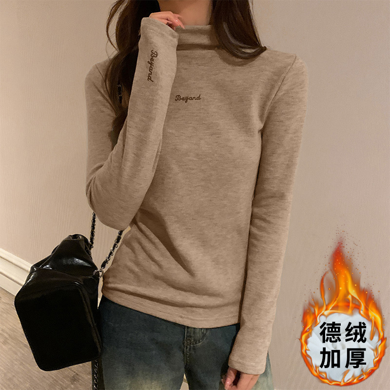 實拍秋冬德絨半高領打底衫女加厚長袖t恤修身簡約印花上衣潮
