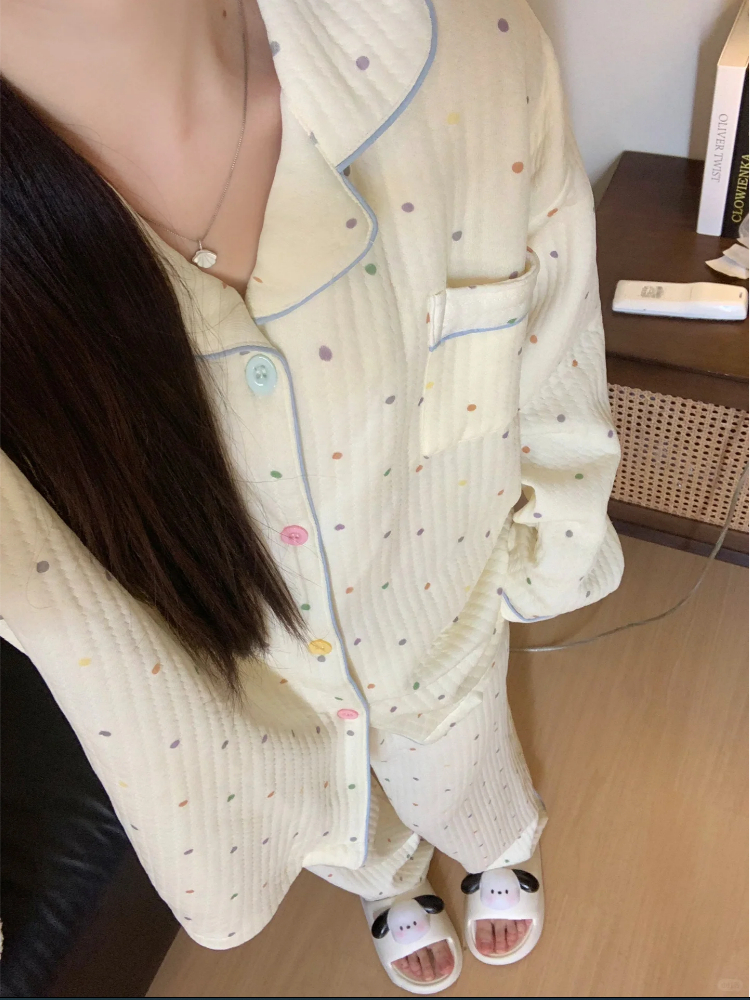 彩圓點空氣棉網紅風2023年秋冬季新款睡衣女雙層空氣棉家居服套裝