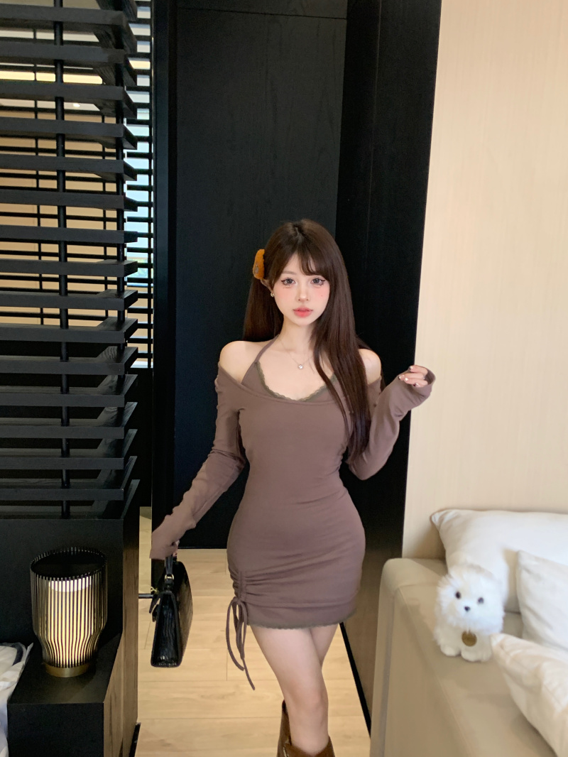 實拍 加州陽光 絨絨內里 兩色蕾絲假兩件拼接綁帶抽繩連衣裙