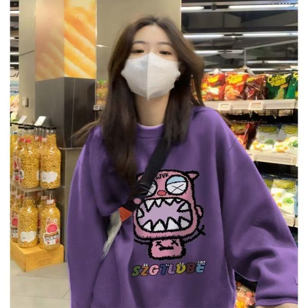 美式慵懶chic衛衣女秋冬2023新款oversize小個子圓領寬鬆上衣