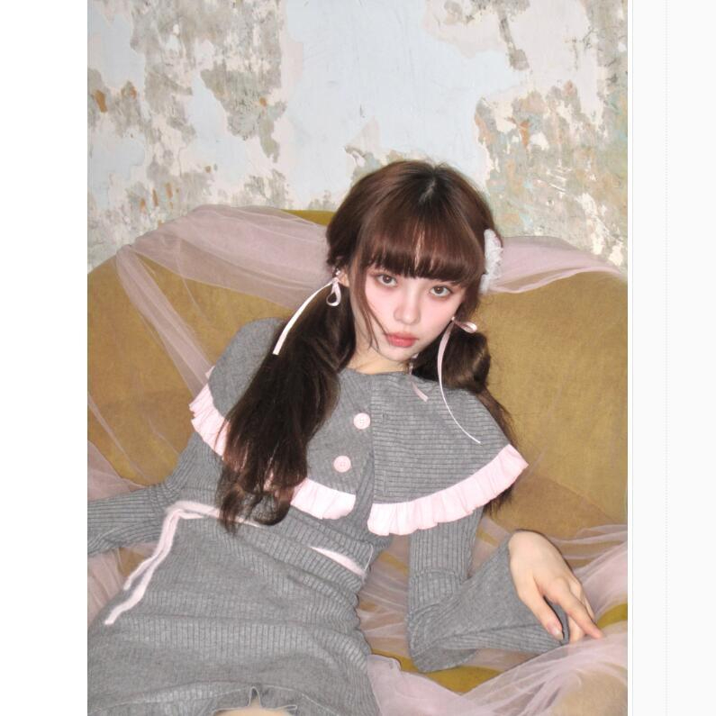 南西 粉色荷葉花邊一字領針織連衣裙甜美少女喇叭袖顯瘦秋冬內搭