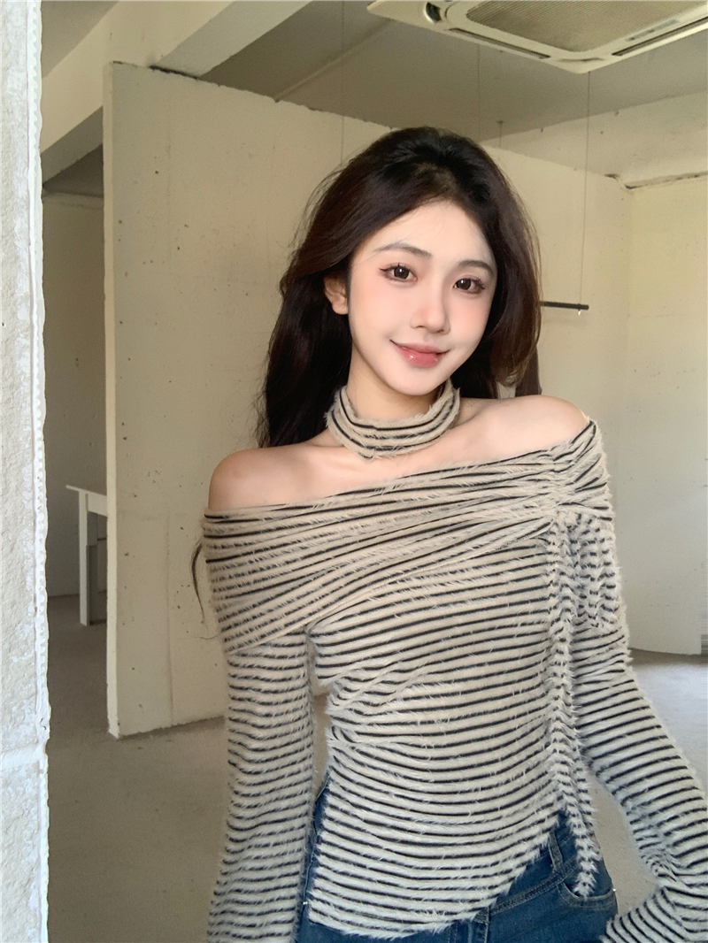 實拍設計感不規則一字肩條紋針織衫修身百搭上衣