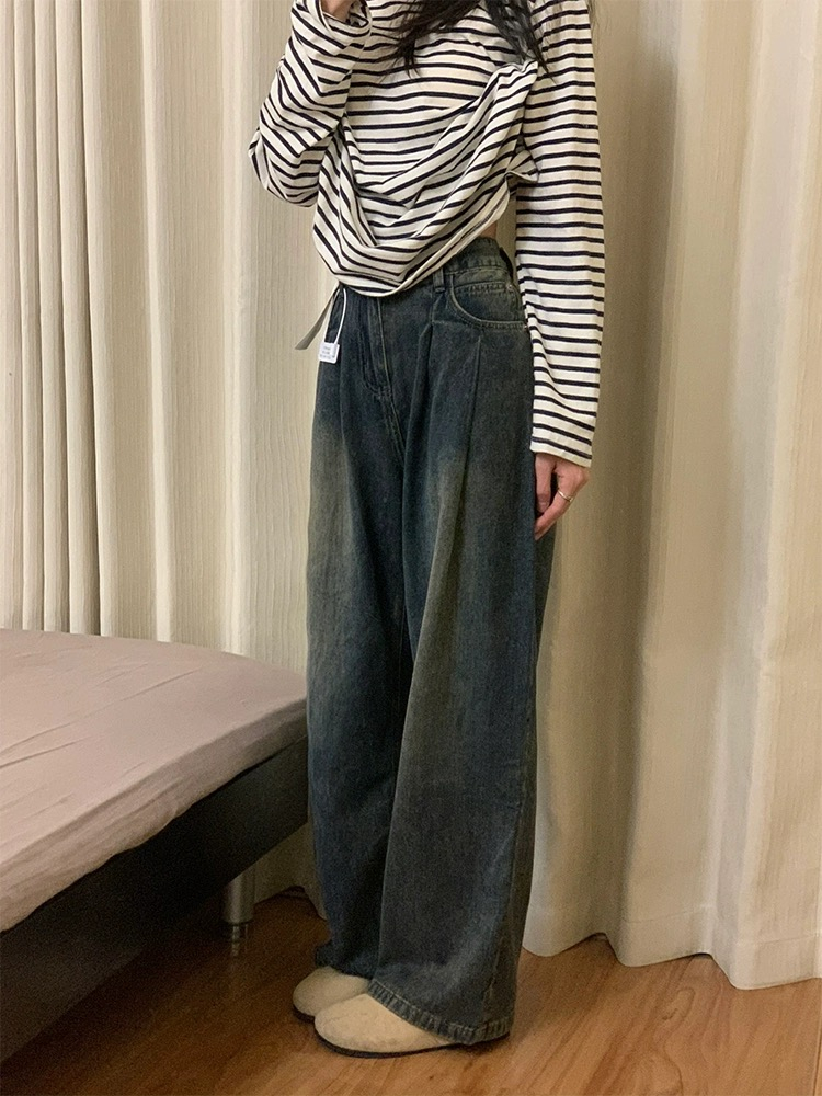 水泥灰直筒牛仔褲女2023年秋冬新款復古胖mm顯瘦垂感闊腿褲子