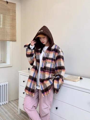 American retro woolen coat for women autumn and winter high-end plaid splicing hooded casual loose top ins