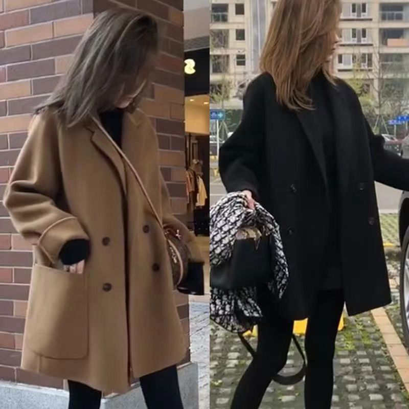 Korean style autumn and winter big pocket small woolen coat for women suit collar loose style mid-length woolen coat for women