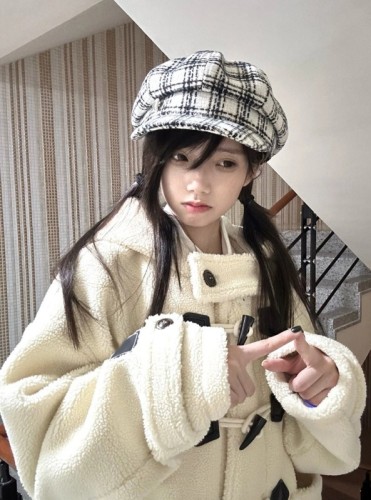 Korean style hiphop lamb velvet horn button jacket for women autumn and winter loose design niche warm cotton clothes trendy