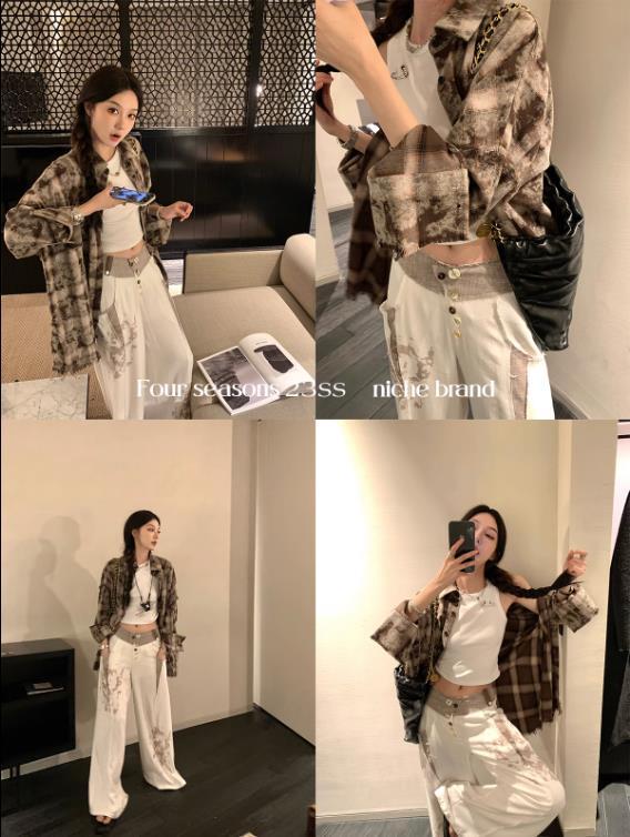 區區歐陽毛邊格子襯衫外套女新款設計感小眾防曬襯衣寬鬆復古上衣