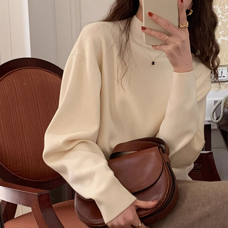 French half turtleneck bottoming knitted sweater for women, autumn and winter long-sleeved, stylish pullover, soft, waxy and versatile top with sweater