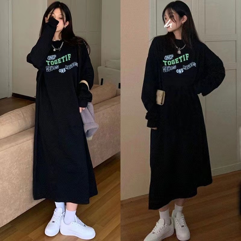 秋冬慵懶風女裝衛衣裙ins韓版加絨加厚長袖連衣裙設計感寬鬆長裙