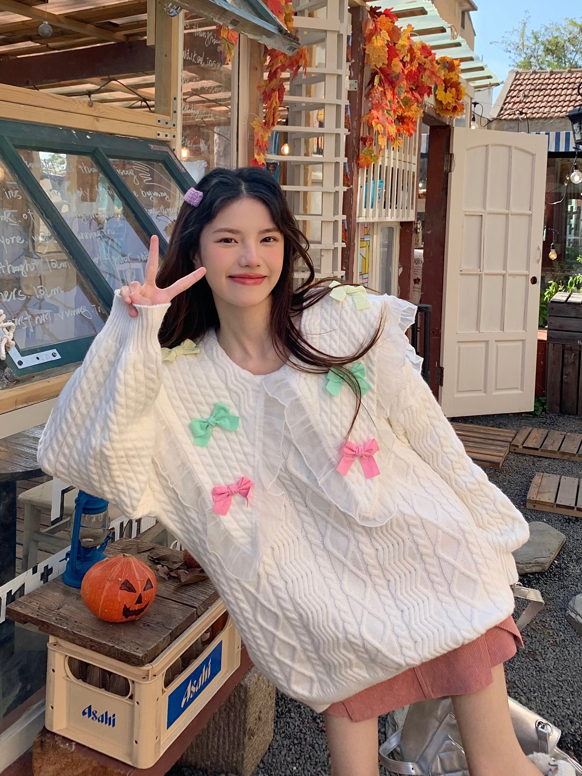 實拍   韓版甜美設計感可愛蝴蝶結娃娃領減齡重工套頭毛衣