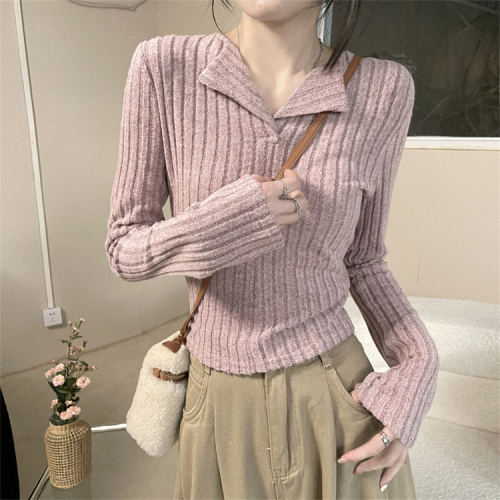 Pink knitted bottoming shirt for women in autumn and winter, pinch waist short half-open v-neck top