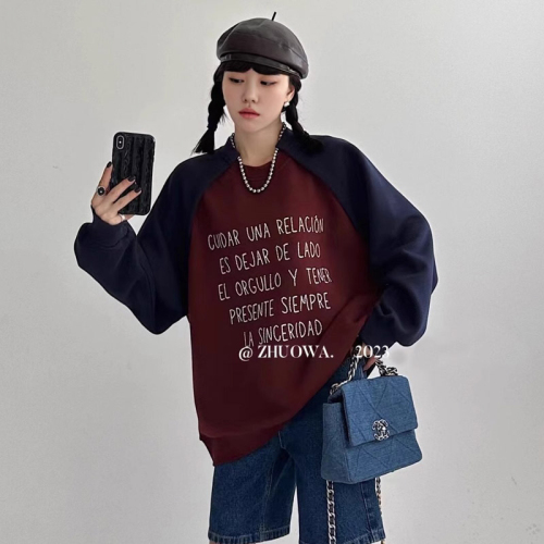 Official Photo  Autumn and Winter Tops Mid-Length T-Shirt Women's Contrast Color Raglan Sleeve Long Sleeve Bottoming Shirt Sweater