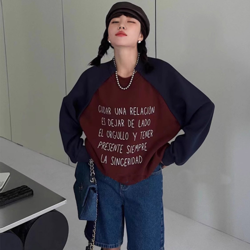 Official Photo  Autumn and Winter Tops Mid-Length T-Shirt Women's Contrast Color Raglan Sleeve Long Sleeve Bottoming Shirt Sweater