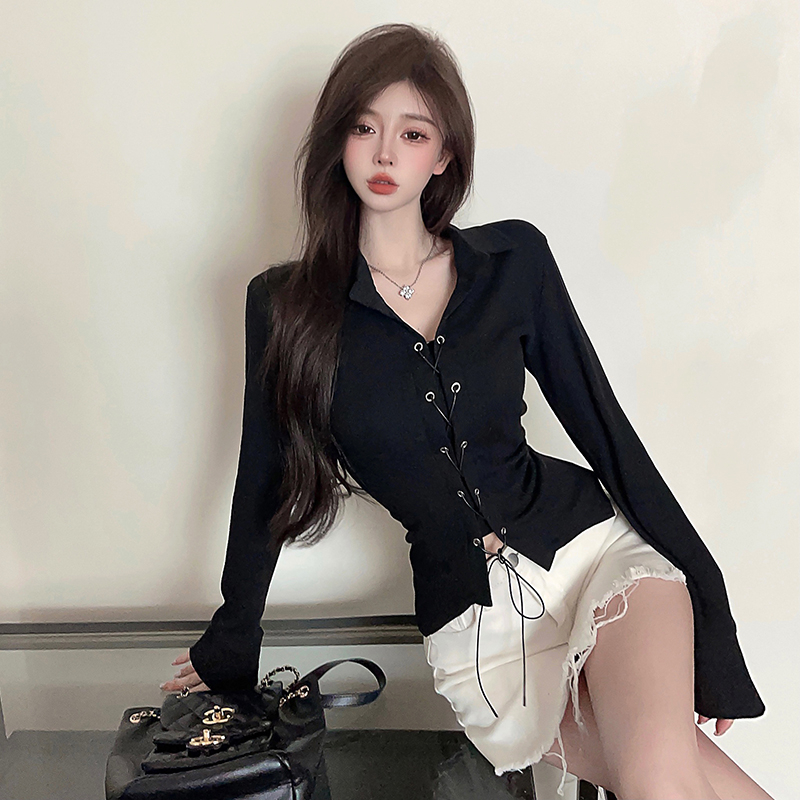 天貓質量短款t恤女春秋辣妹綁帶修身襯衫polo領長袖上衣