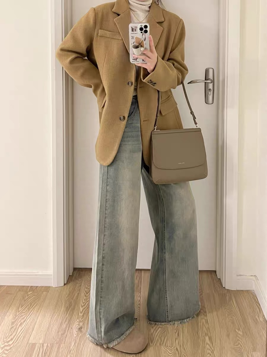 復古闊腿牛仔褲女秋冬高腰寬鬆毛邊美拉德穿搭小個子拖地直筒褲子
