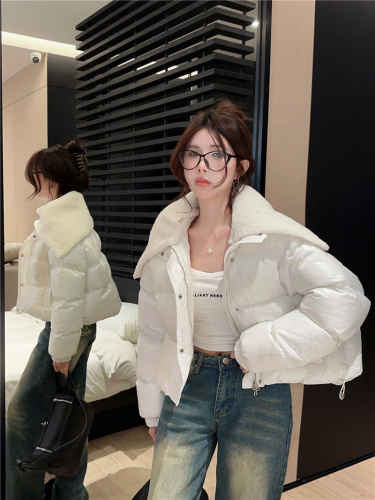 Actual shot ~ Winter detachable knitted shawl collar bread puffy hand stuffed down short Korean style down jacket