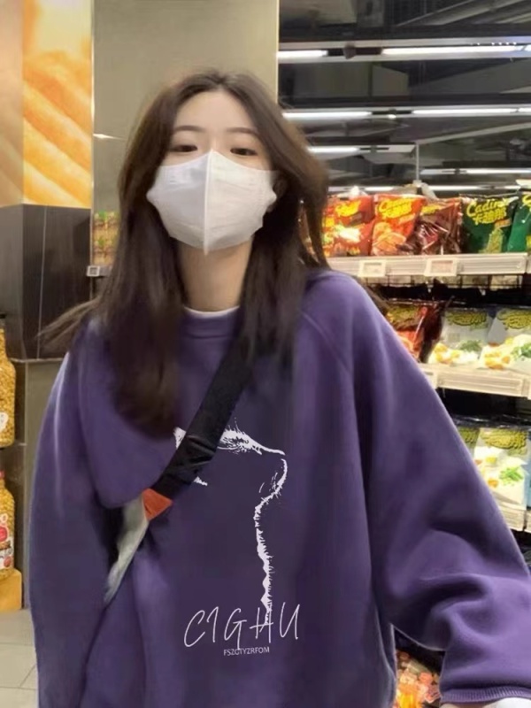 圓領衛衣女秋冬加厚加絨美式復古寬鬆小眾設計感oversize無帽上衣