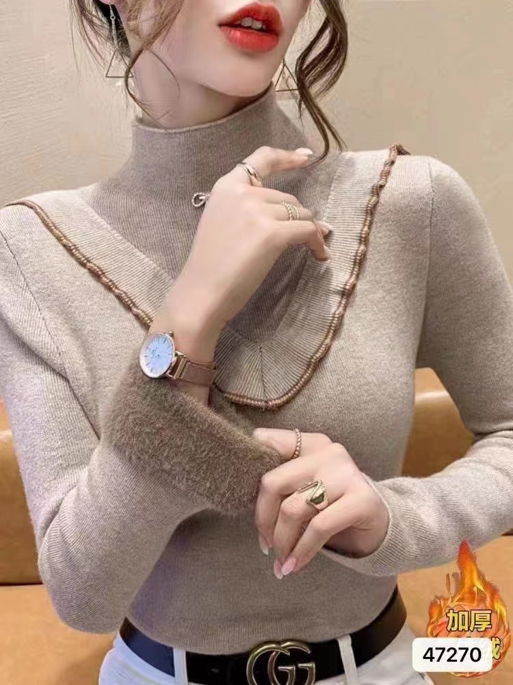 2023秋冬新款韓版高級感時髦半高領木耳邊一體絨長袖上衣女