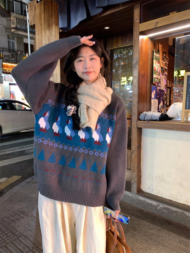 實拍 冬季韓系撞色提花寬鬆復古高級感企鵝圓領套頭加厚毛衣