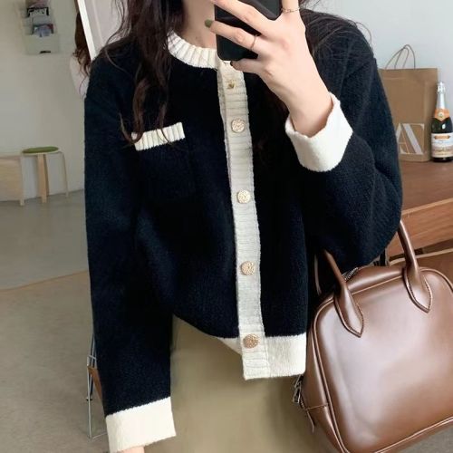 2023 Spring and Autumn New Style Sweater Coat Women's Color Blocked Loose Knitted Cardigan Korean Gentle and Sweet Little Coat
