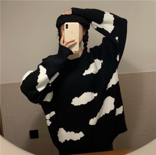 Real shot ~ chic loose lazy sweater cute cloud print slimming long-sleeved top