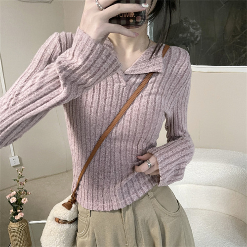 Pink knitted bottoming shirt for women in autumn and winter, pinch waist short half-open v-neck top