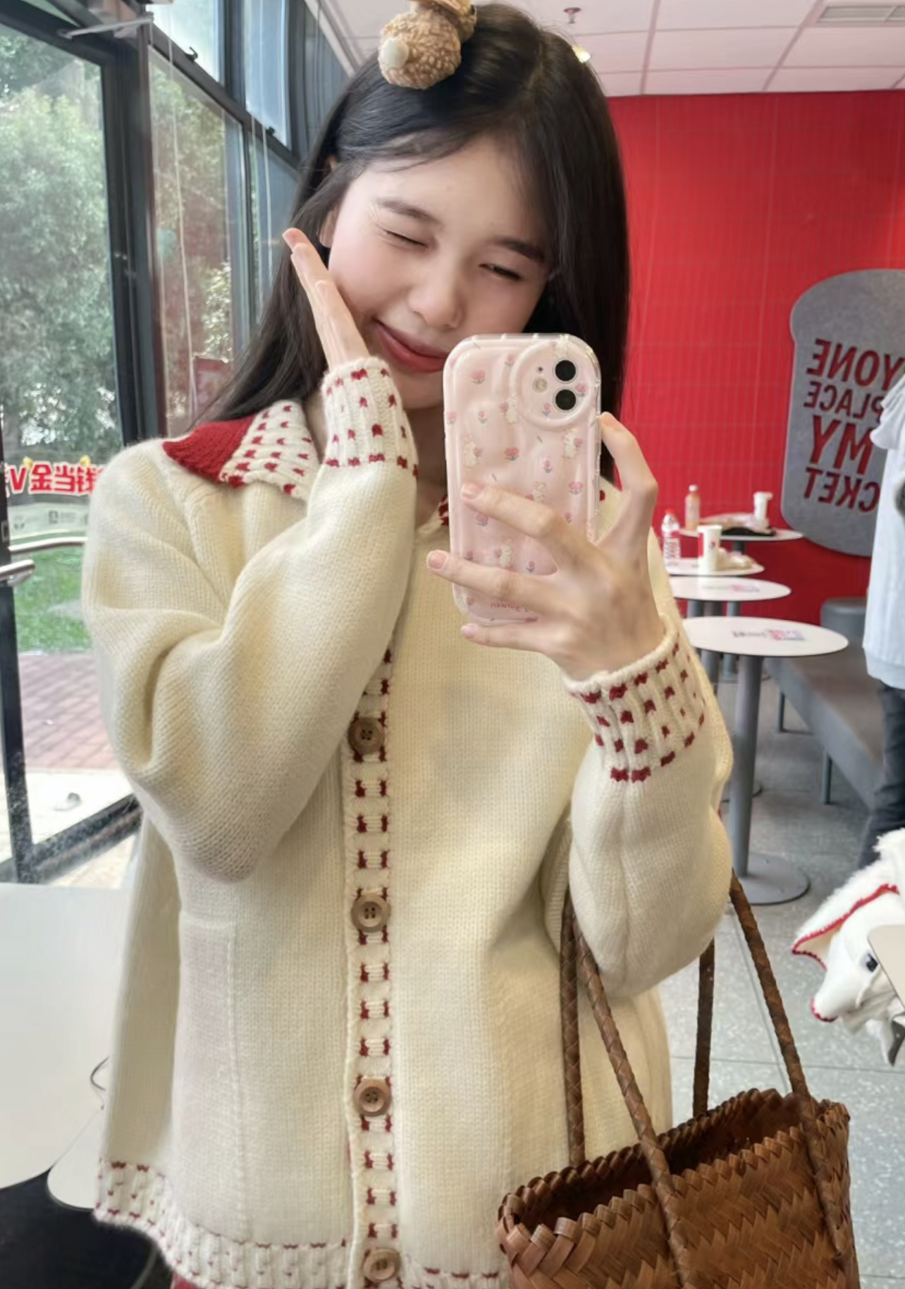 實拍聖誕氛圍感羊毛開衫法式復古大翻領杏色毛衣慵懶風冬季