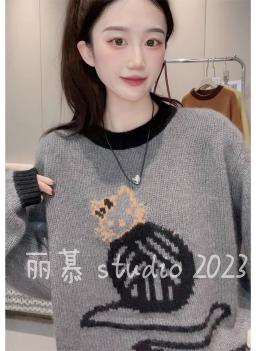 時尚減齡貓咪卡通圖案圓領針織衫毛衣女秋冬新款休閒百搭套頭毛衣