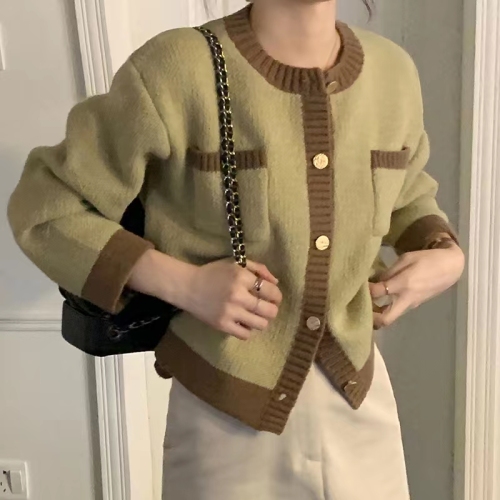 2023 Spring and Autumn New Style Sweater Coat Women's Color Blocked Loose Knitted Cardigan Korean Gentle and Sweet Little Coat