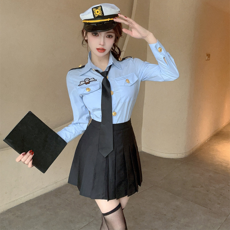 實拍性感空姐jk制服套裝女秋季長袖職業裝領帶襯衣百褶裙兩件套