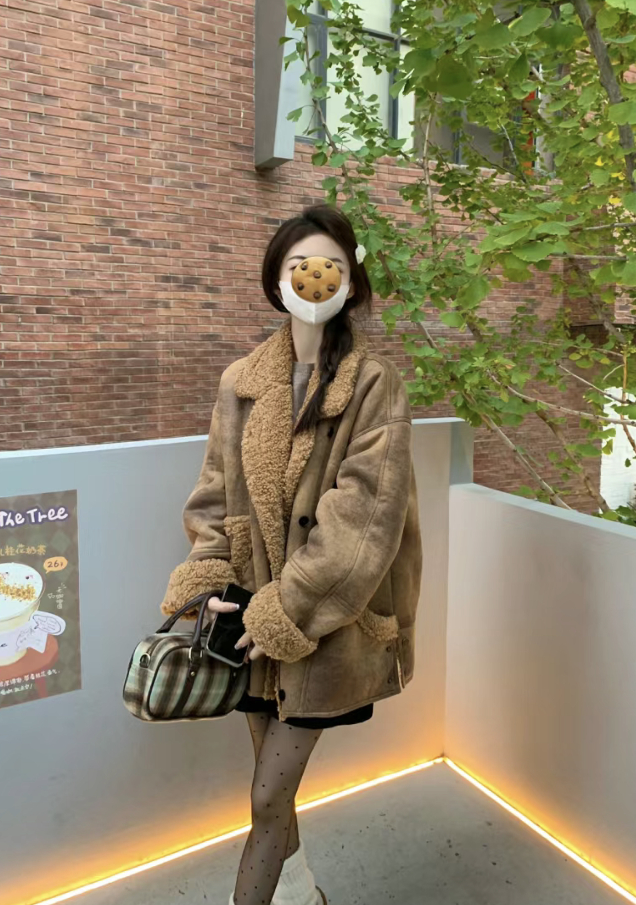 實拍棕色暈染皮毛一體羊羔毛外套女秋冬新款寬鬆大翻領機車服