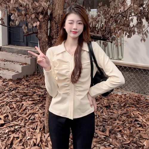 Large size fat MM retro lapel right shoulder waist long sleeve top  autumn and winter new fashion versatile T-shirt for women