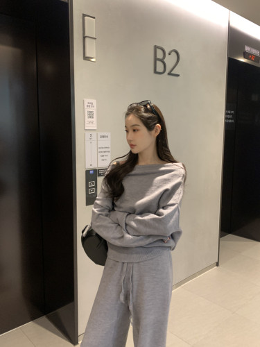 韩国chic新款法式一字领露肩长袖毛衣+针织阔腿裤套装