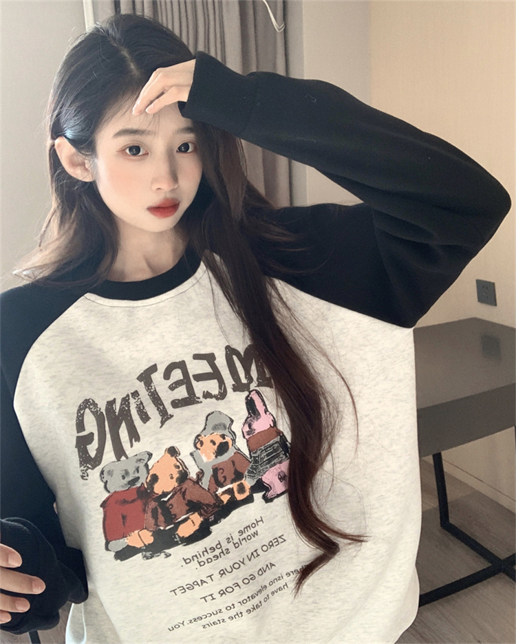 插肩袖長袖衛衣女早秋2023新款時尚百搭字母印花薄款拼色套頭上衣