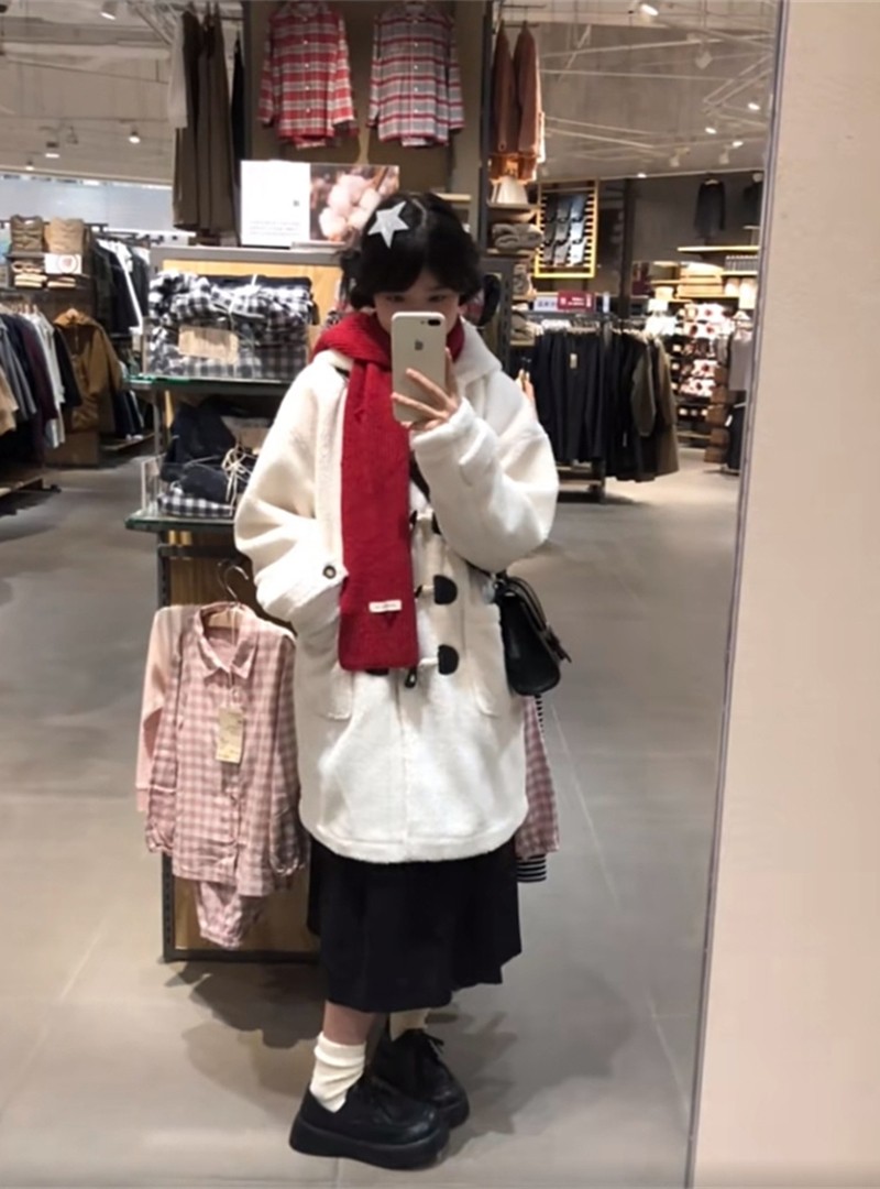 American hiphop horn button lamb wool cotton coat for women autumn and winter loose mid-length casual versatile cotton coat