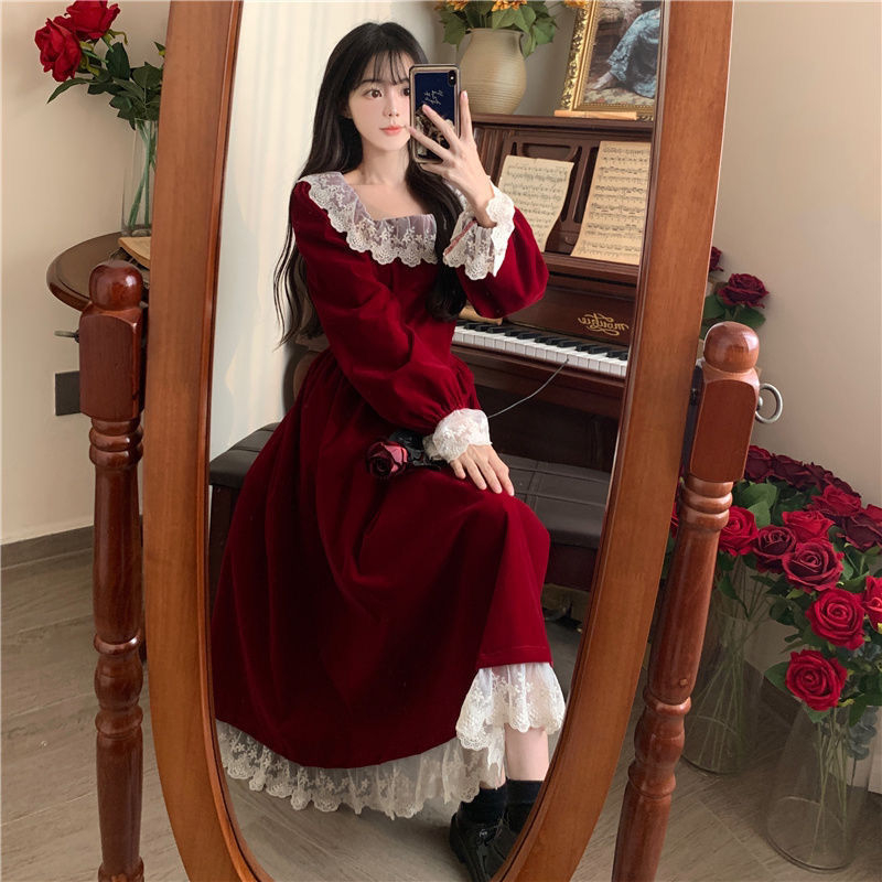 金絲絨面料拼接絲絨長裙秋冬氣質顯瘦禮服連衣裙大碼女裝法式