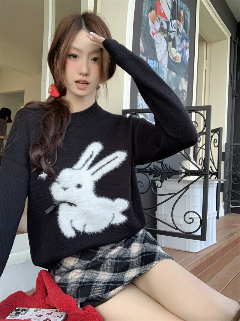實拍 慵懶風兔子提花套頭毛衣女秋冬寬鬆長袖針織衫黑色上衣