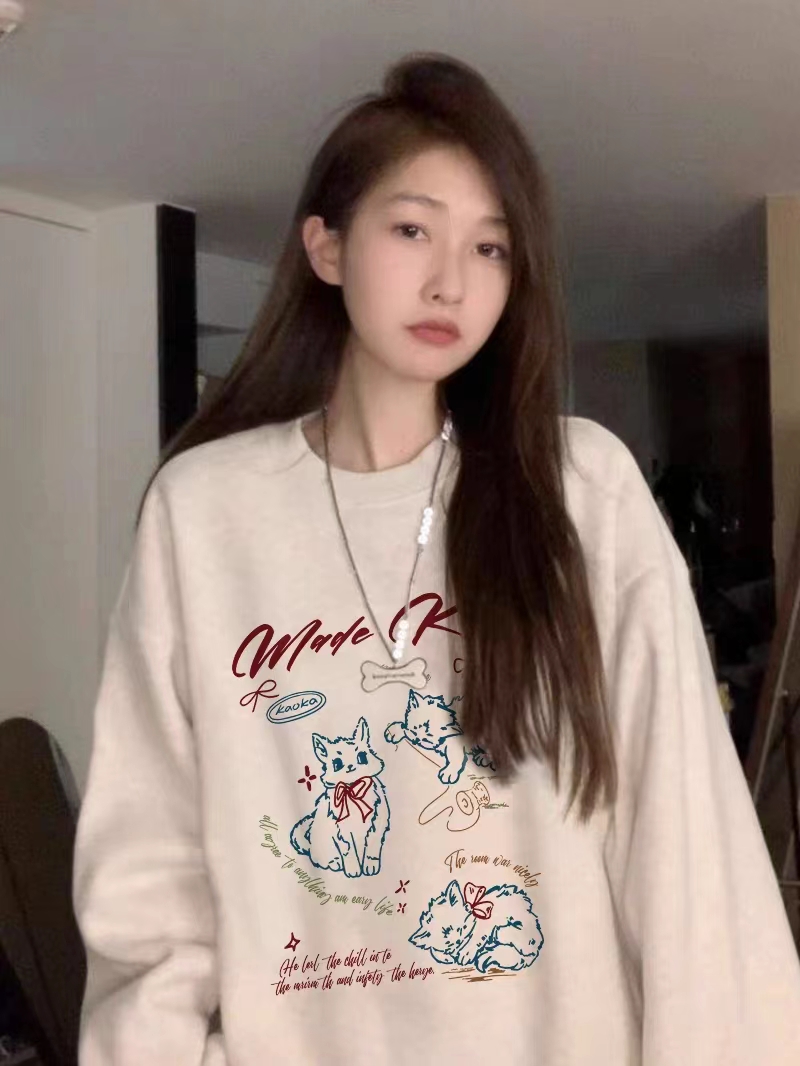 薄款華棉牛奶絲 加絨華棉銀狐絨 圓領印花衛衣女情侶質量