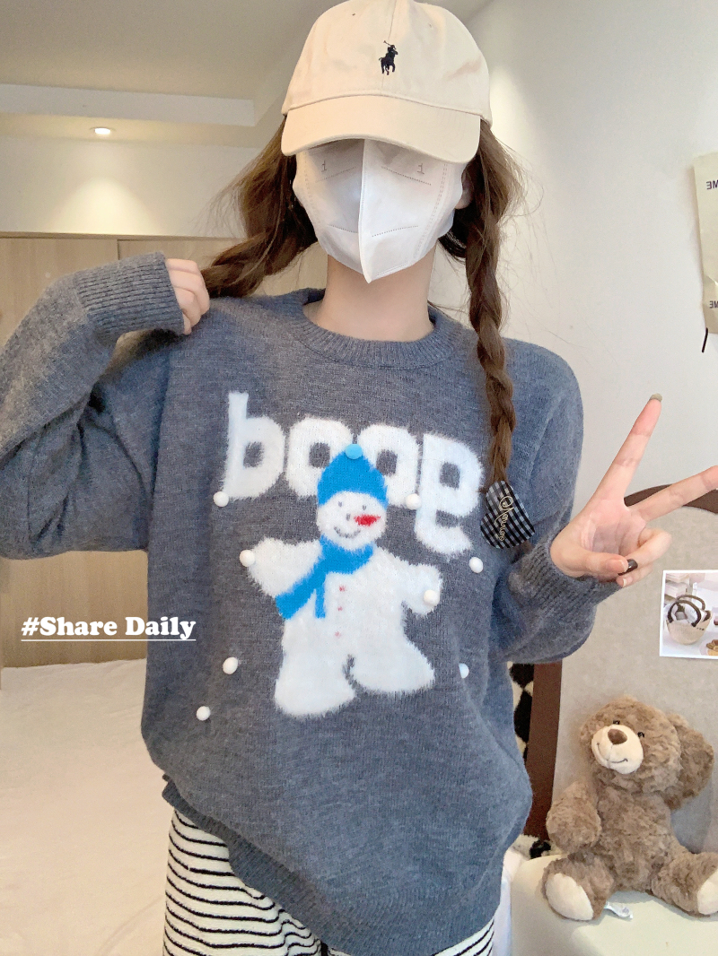 實拍 日系復古可愛卡通雪人毛衣女高級設計感圓領軟糯上衣